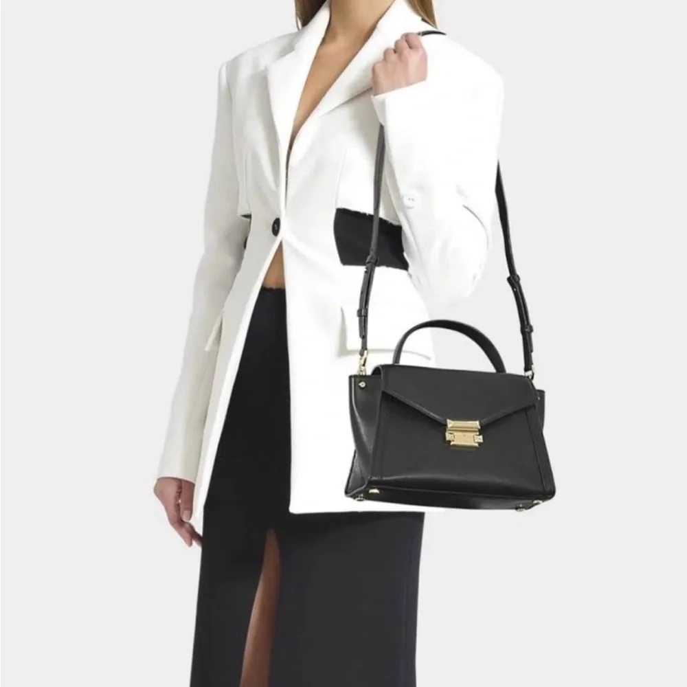 MICHAEL MICHAEL KORS Whitney Flap Satchel Signature Logo Black Leather NWT - Picture 6 of 7